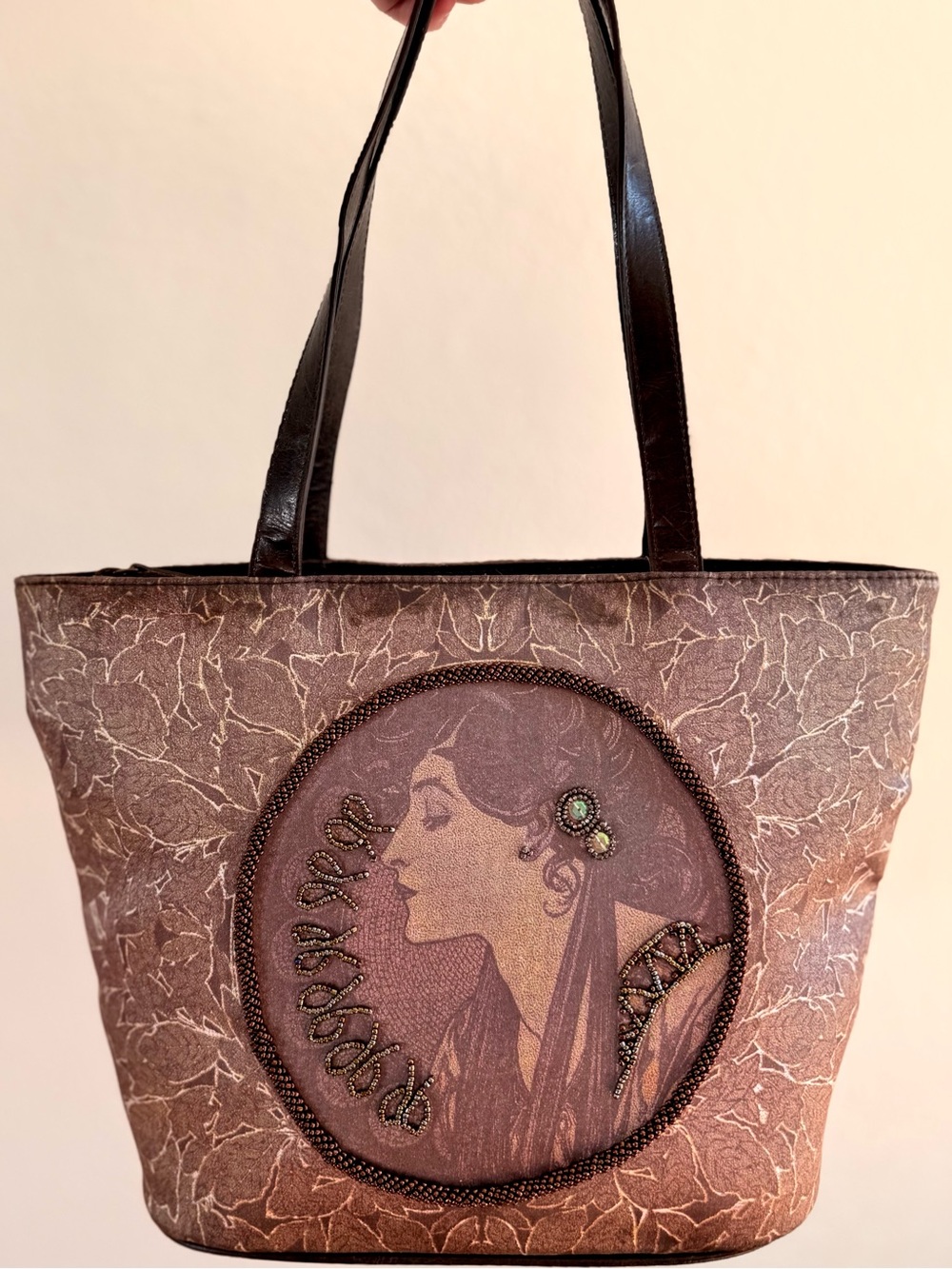 Marlo Vintage Artistic Brown Tote Bag with Beaded Profile Motif